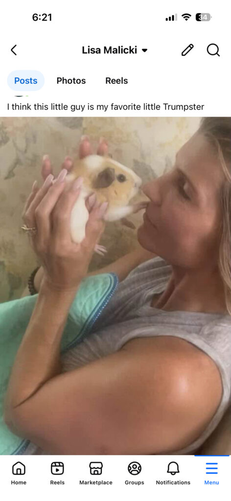 Woman kissing a small tan-and-white hamster held up near her face.